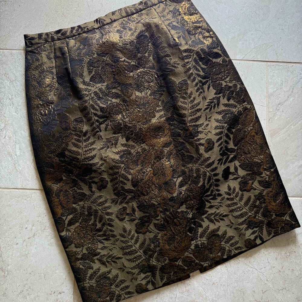 Carmen Marc Valvo Collection Brocade Pencil Skirt Size 6 Gold Black Green